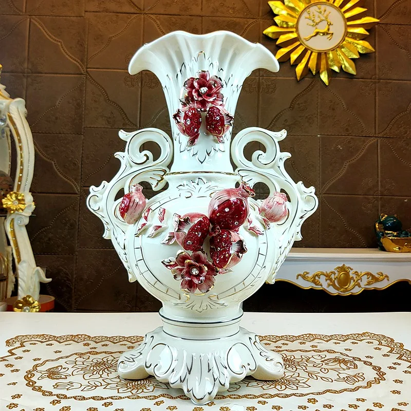 Vas bunga besar Eropa, keramik berlapis emas, motif delima, hiasan ruang tamu, vas binaural, mewah kelas atas