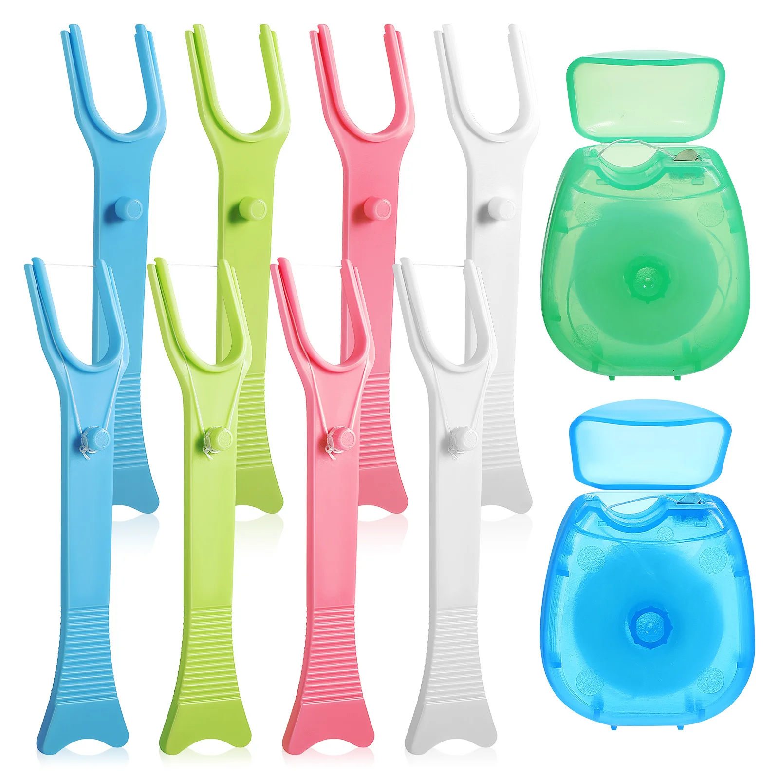 8 قطعة حامل أسنان قابل لإعادة الاستخدام 2 لفات بديلة خيط ناعم لتنظيف الأسنان بين التيجان مقبض طويل يصل إلى الأسنان الخلفية