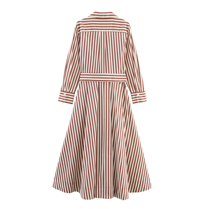 Women's Dress New Summer 2025 Striped Long Sleeve Shirt Style A-Hem Dress Long Skirt Belt Decoration Casual Fashion