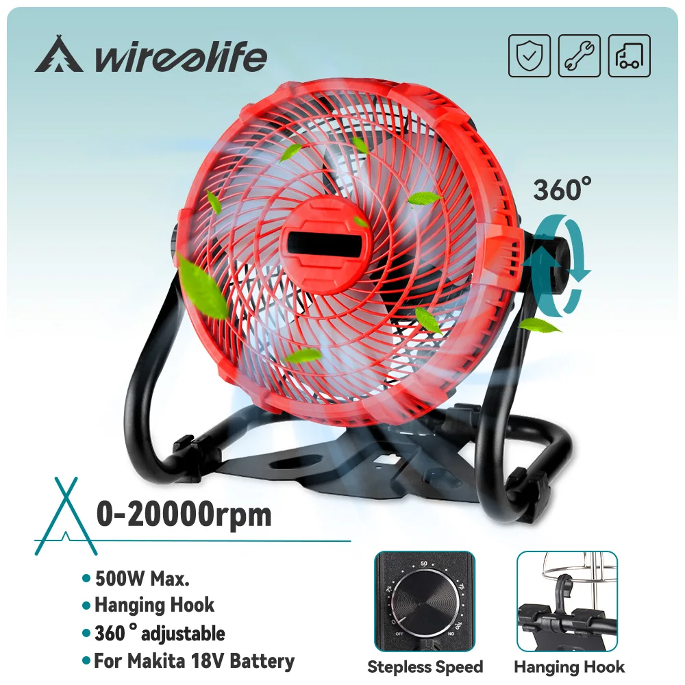 Wireelife 20000rpm elektrischer camping ventilator 360 ° schnur loser lüfter arbeitsort lüfter starker wind für zuhause im freien für makita 18v