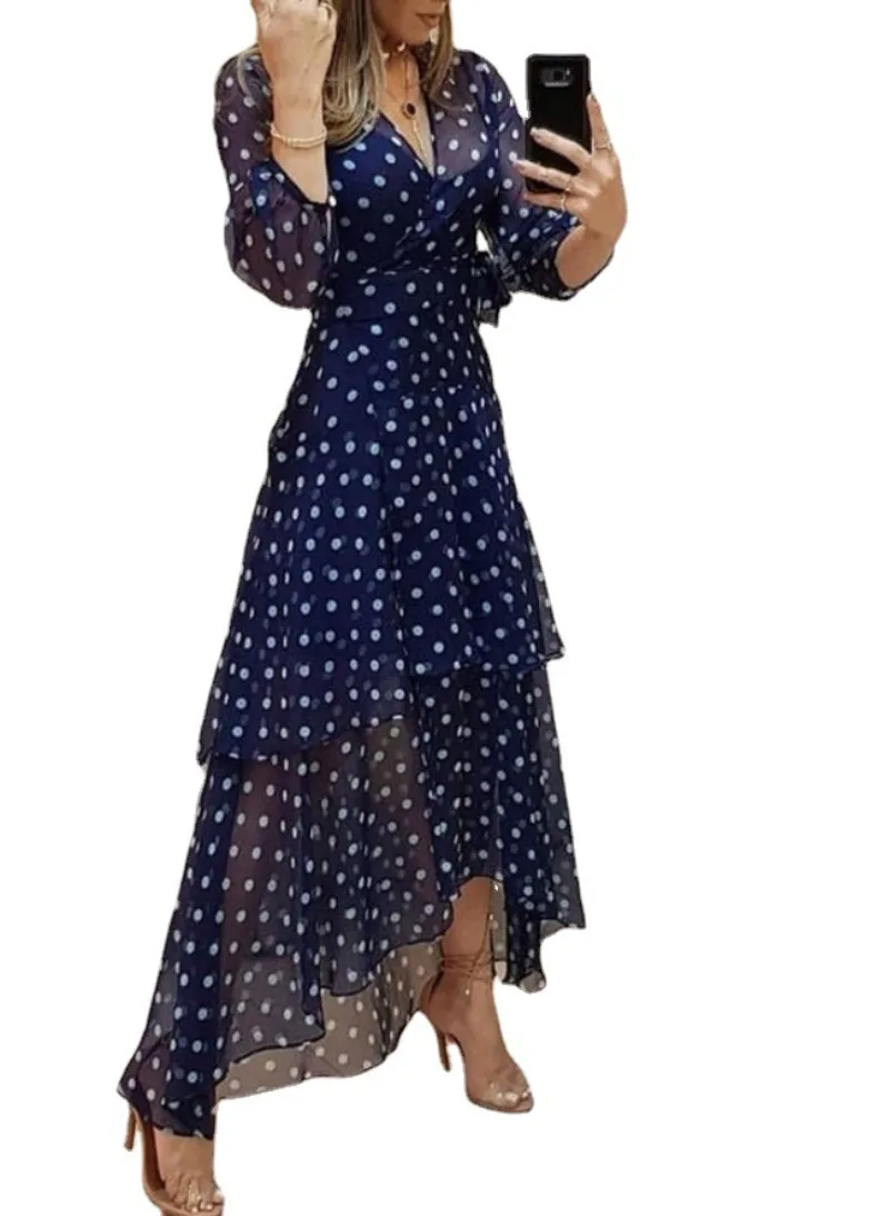 Women Spring Summer Polka Dot Irregular Printed V-Neck Long Dress Femininity Fashion Long Sleeves Elegant Lotus Leaves And Ankle