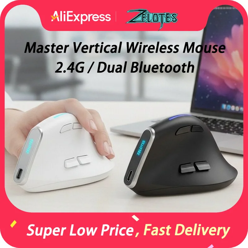 ZELOTES F36 Vertical Wireless Mouse Bluetooth Mouse 8 Key Rechargeable Programmable Gaming Mouse 2.4G 2400DPI for Laptop PC
