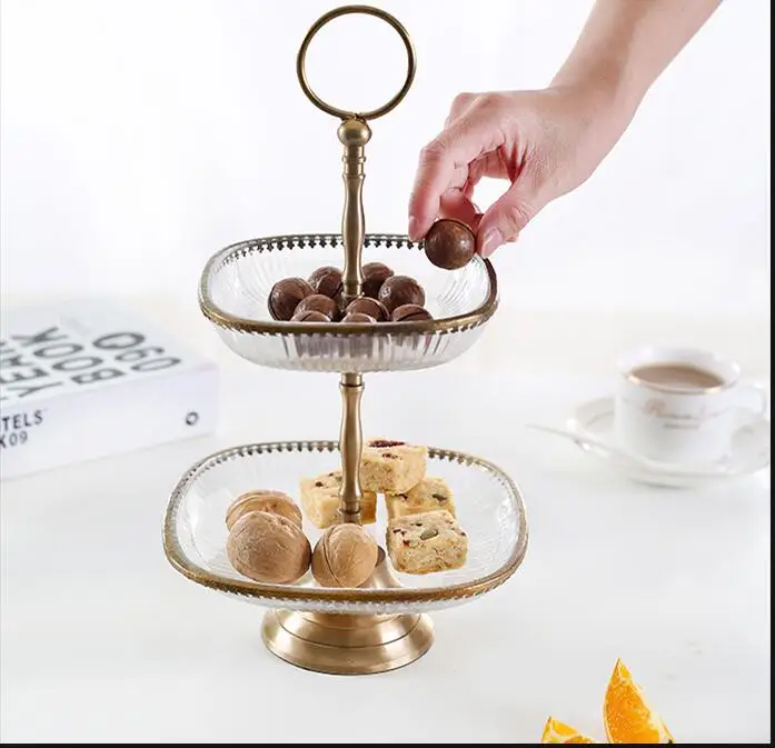 

Two-tier Fruit Plate Brass Glass Bowl Cake Stand Snack Tray Dessert Decorative Dried Plates Dish