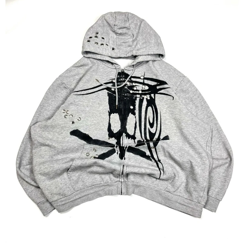 Streetwear Retro Light Grey Zipper Hoodie Men's and Women's Gothic Chicken Eye Pattern Printed Sportswear Harajuku Casual Hoodie