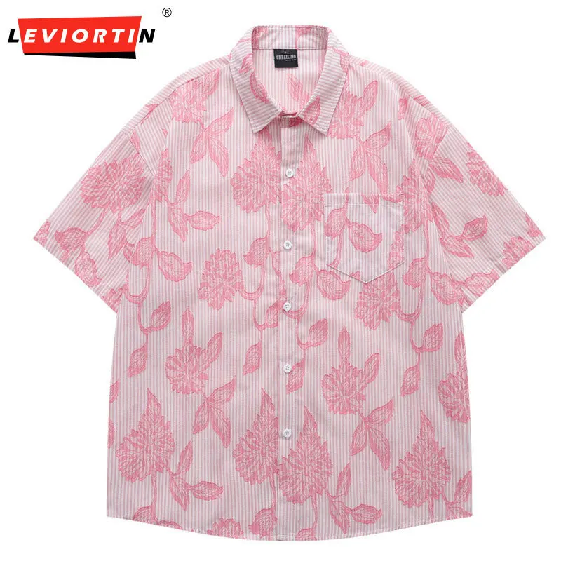 

Летняя мужская американская ретро цветочная жаккардовая полоска свободная повседневная простая пара универсальная дышащая рубашка с коротким рукавом и воротником