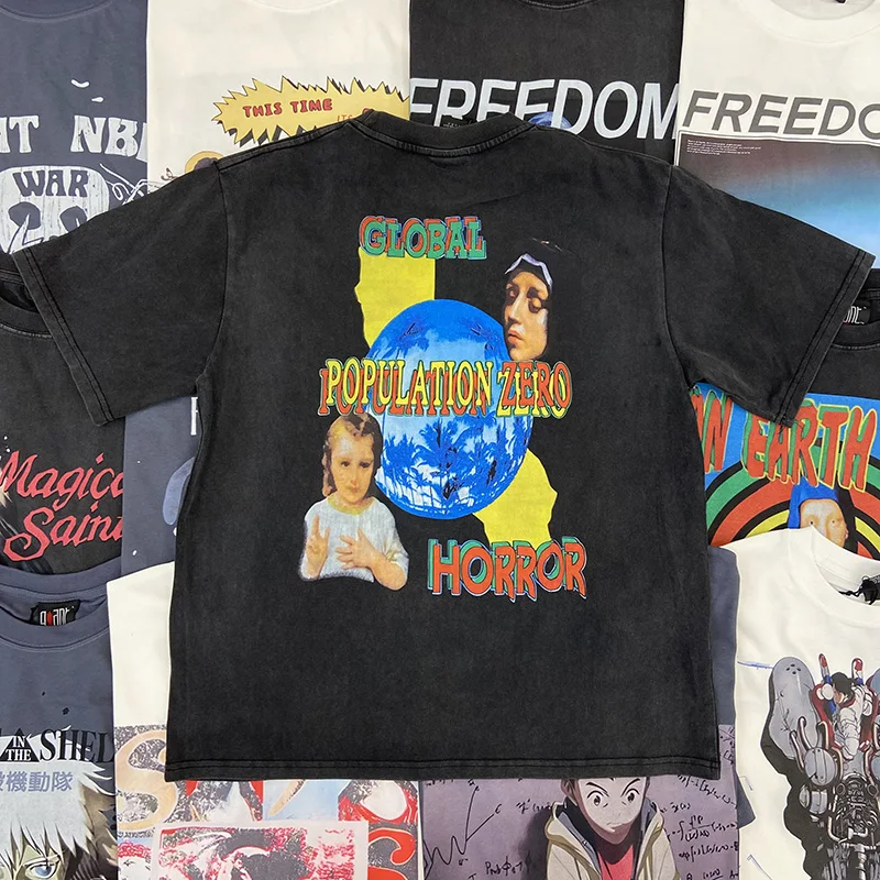 عالية الجودة القطن فضفاض المحملة القمم الرجال النساء الملونة دائرة يسوع طباعة سانت تي شيرت الشارع الشهير خمر غسلها الأسود تي شيرت #2