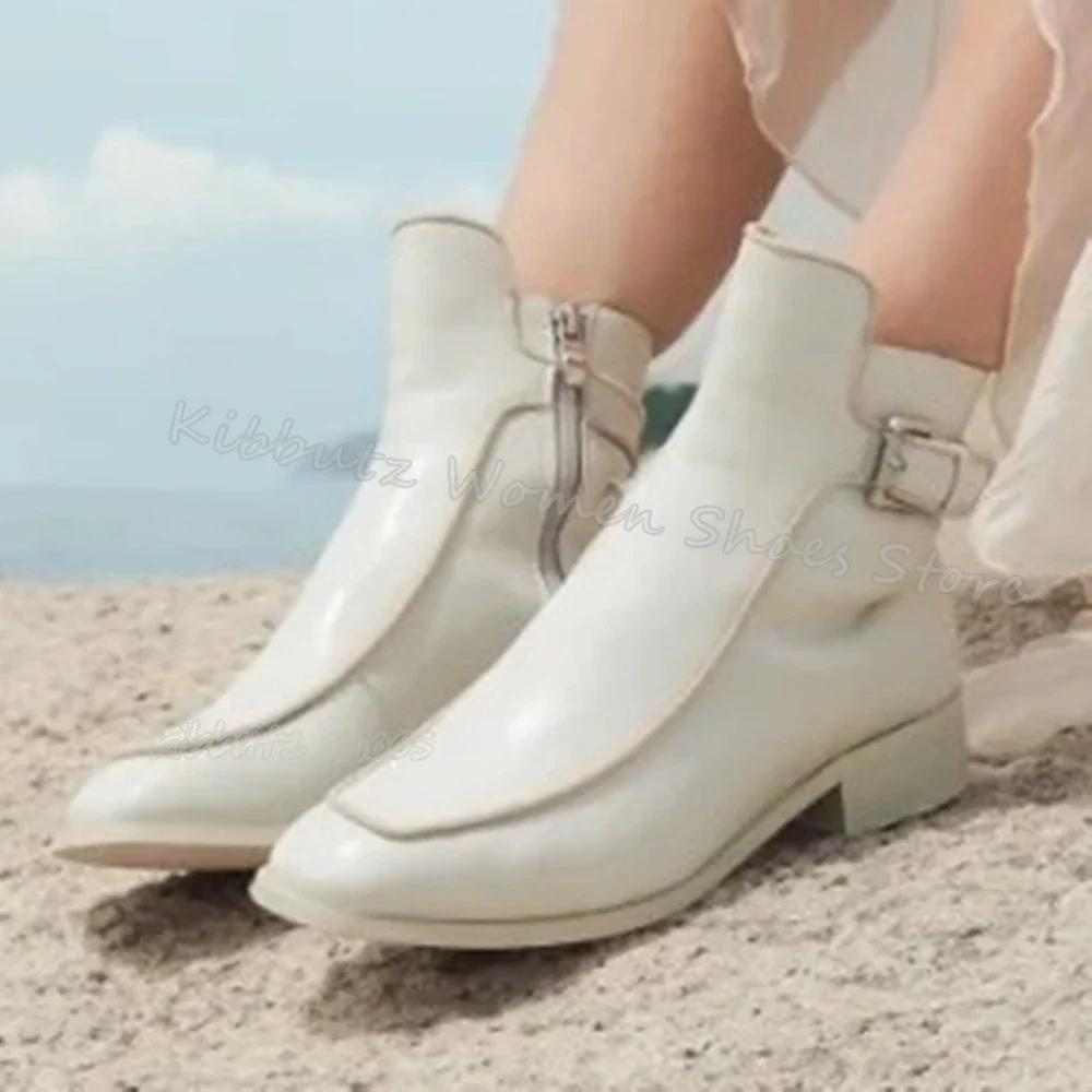 

Belt Buckle Chelsea Boots Leather Solid Color Side Zippers Elegant Fashion Concise Novelty Women Shoes New Round Toe Chunky Heel
