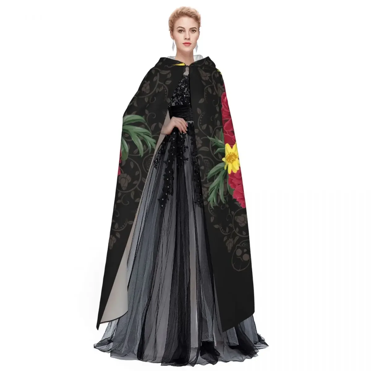 Long Cape Cloak Muerte With Peonies Calavera Catrina Day Of The Dead Hooded Cloak Coat Autumn Hoodies