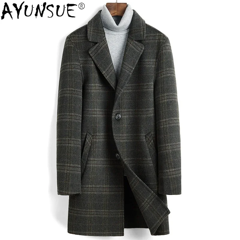 

Fall Winter Woolen Coat Men Medium Casual Non-cashmere Double-sided Woolen Jacket for Men Thickened Green Plaid Coat Chaqueta FC