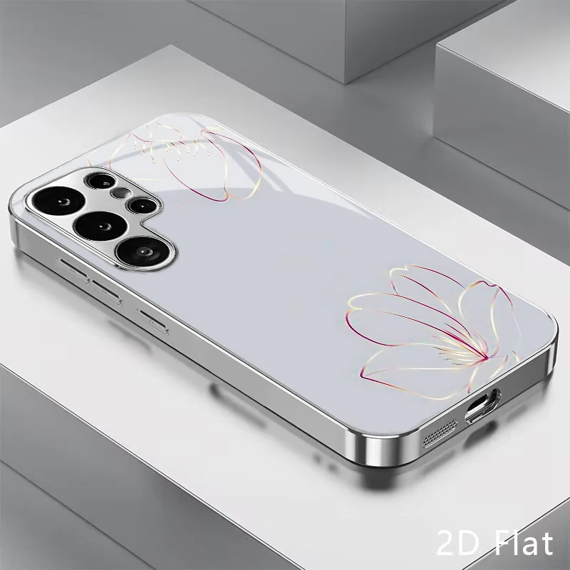 Gray Purple Gold Line Drawing Floral Ornament Pattern Electroplated Glass Phone Case for Samsung Galaxy S26 S25 S24 S23 S22 S21