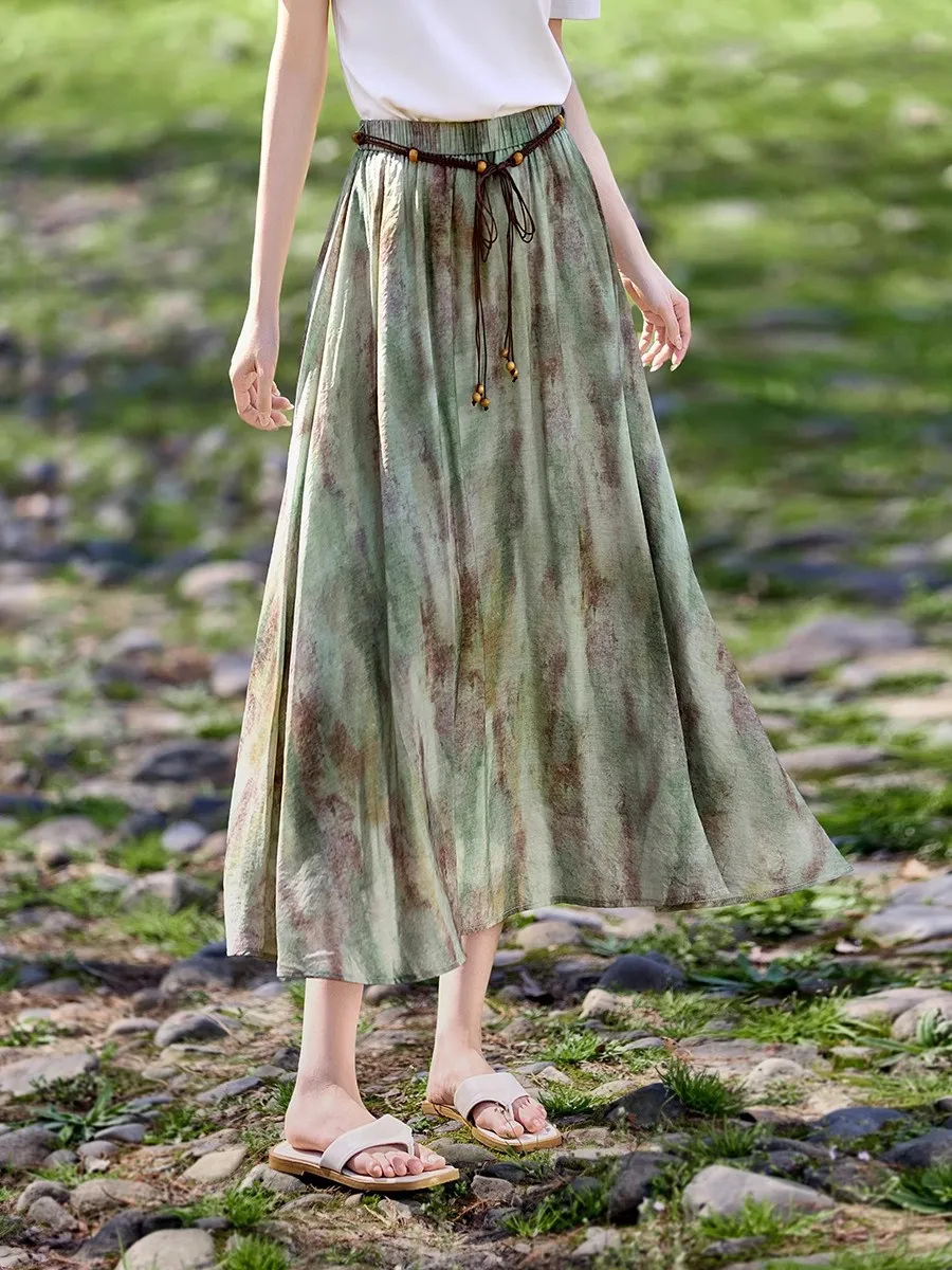 

New Fashion Women Straight-leg Skirts with Ink-wash Style Dresses Light-dyed Print for Women's Summer Vacation