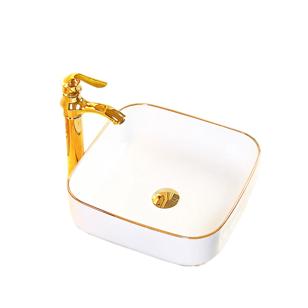 Simple and stylish ceramic bathroom decoration white sink gold wash basin