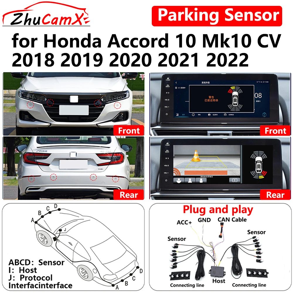 ZhuCamX for Honda Accord 10 Mk10 CV 2018-2022 Car OEM Parking Sensor Front Rear Reverse Assist Reversing AID System Plug ＆ play