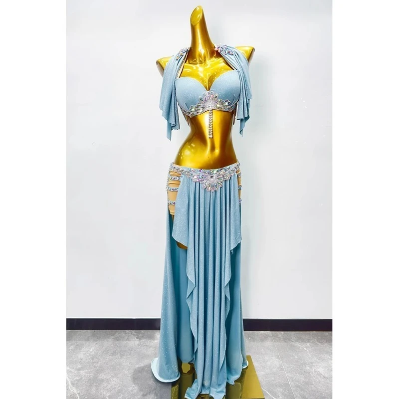 Nuovi costumi di danza del ventre personalizzati Abito da pratica Set di abiti da spettacolo di danza orientale azzurro per reggiseni e gonne da donna