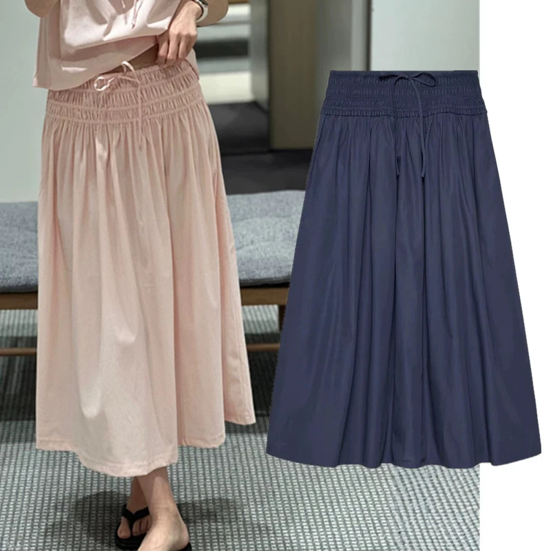Maxdutti Southern France Minimalist Lazy Drawstring Cotton Loose Tight Waist Casual Skirt Two Wear Strapless Dress Woman Clothes