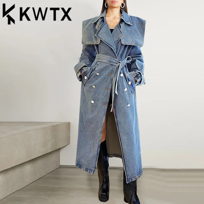 

KWTX Tide джинсовый длинный плащ для женщин с поясом с лацканами, уличная одежда со сборкой на талии, ветровка, модные пальто, женская верхняя одежда, новинка