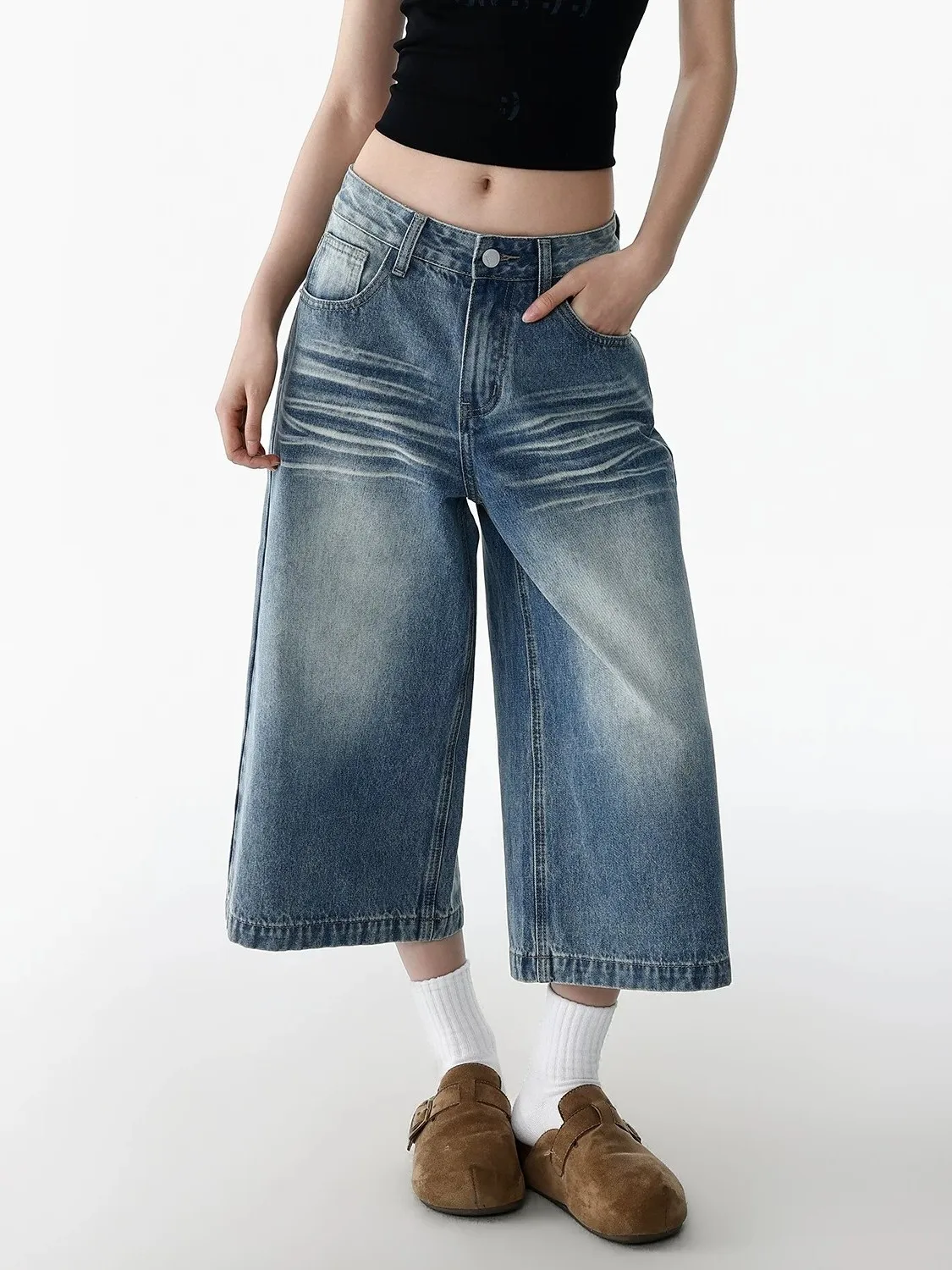 Calça Jeans Retrô Americana de Perna Larga 7/8 Unissex, Nova Coleção de Verão, Solta, Versátil, Simples, Casual, Corte Reto, ...