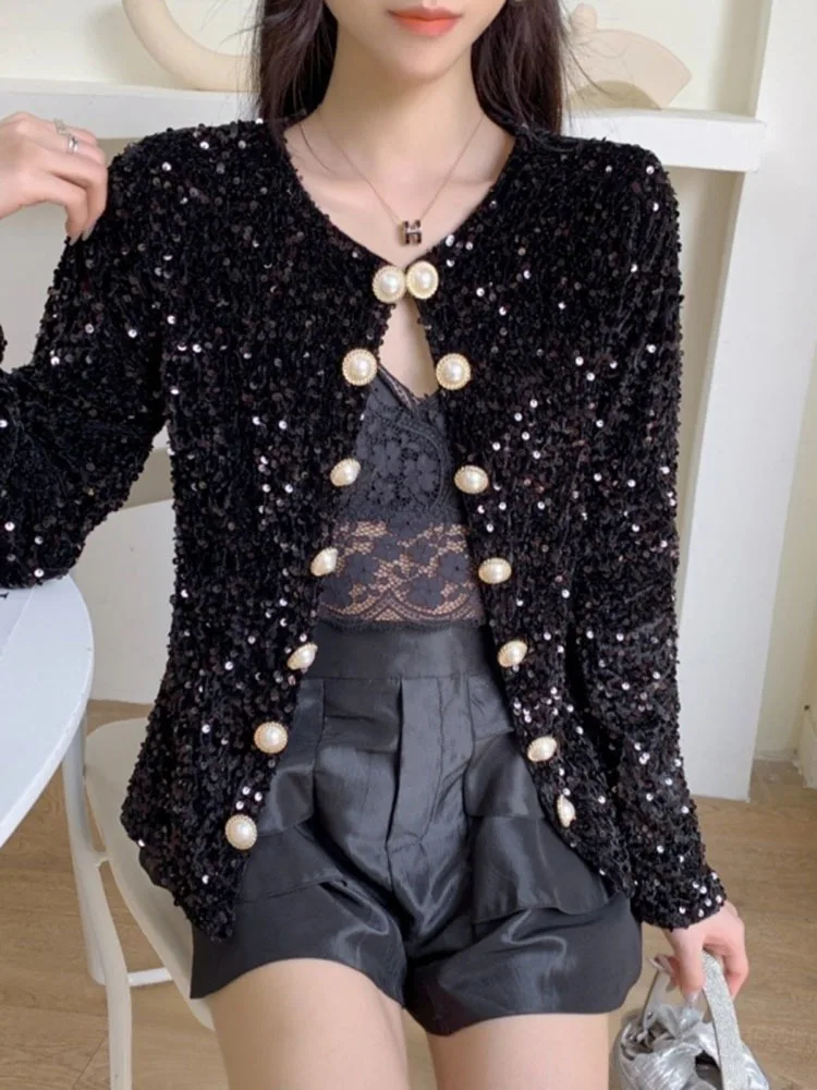 European Clothes Sequins Coat Sexy Shiny Bodycon Jacket Female Women's Tops Long Sleeve Hand Made Bright Party Outerwear
