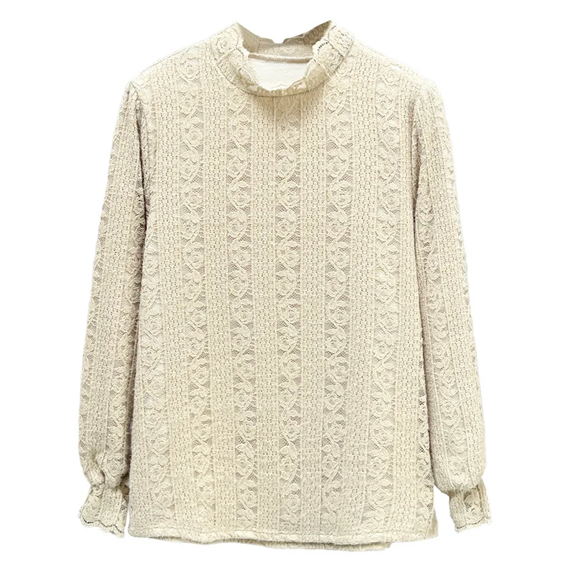 

XXXXL модная женская футболка больших размеров, новые флисовые и теплые кружевные топы с длинными рукавами в стиле ретро на осень/зиму 2522 гг.