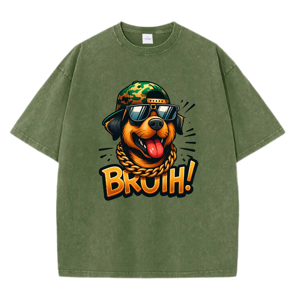

Fashionable Cartoon Dog Bruh Pattern Washed T-Shirt Men Summer Clothing Vintage Crewneck Tee Shirts Loose Cotton Man Streetwear