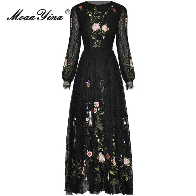 MoaaYina Spring Fashion Designer Black Vintage Lace Dress Women\'s O Neck Sequins Embroidery High Waist A-LINE Slim Long Dresses