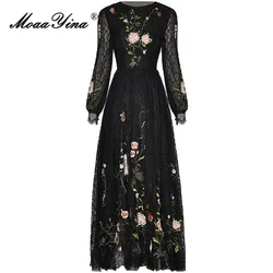 MoaaYina Spring Fashion Designer Black Vintage Lace Dress Women's O Neck Sequins Embroidery High Waist A-LINE Slim Long Dresses