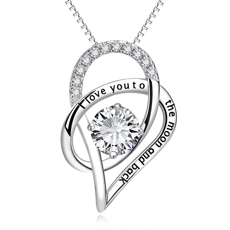 TONGZHE I Love You To Moon And Back Necklace 925 Silver Sterling Jewelry CZ Love Heart Pendant Necklace for Women