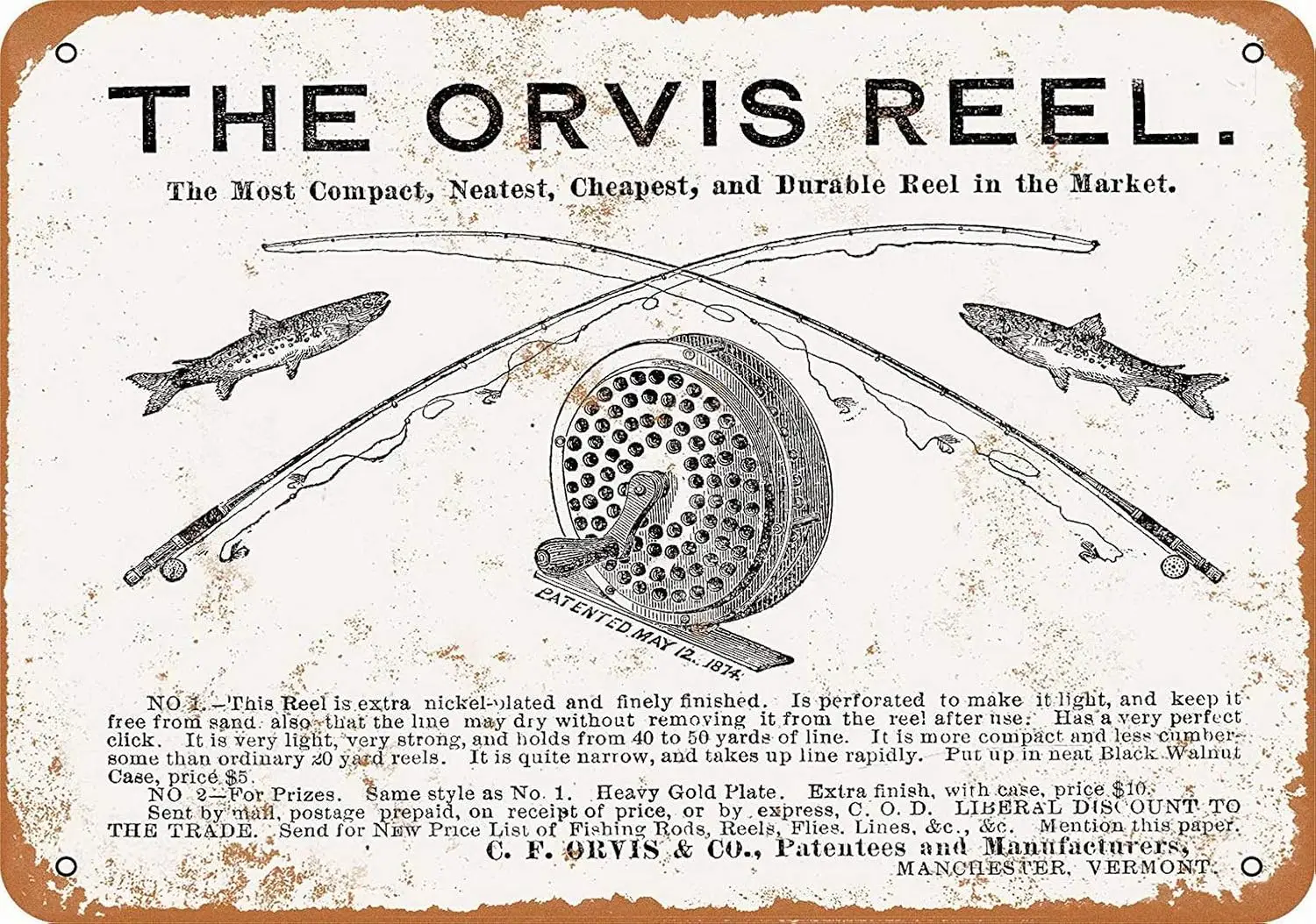 Metallschild – 1876 Orvis Angelrollen im Vintage-Look, Reproduktion aus Aluminium