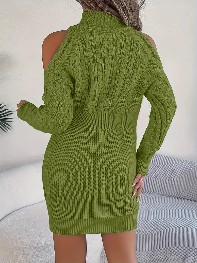 Women's Plus Size Knit Sweater Dress Sexy Cold Shoulder High Neck Autumn Winter Vintage Cable Knit Bodycon Dress Teal Green view 2