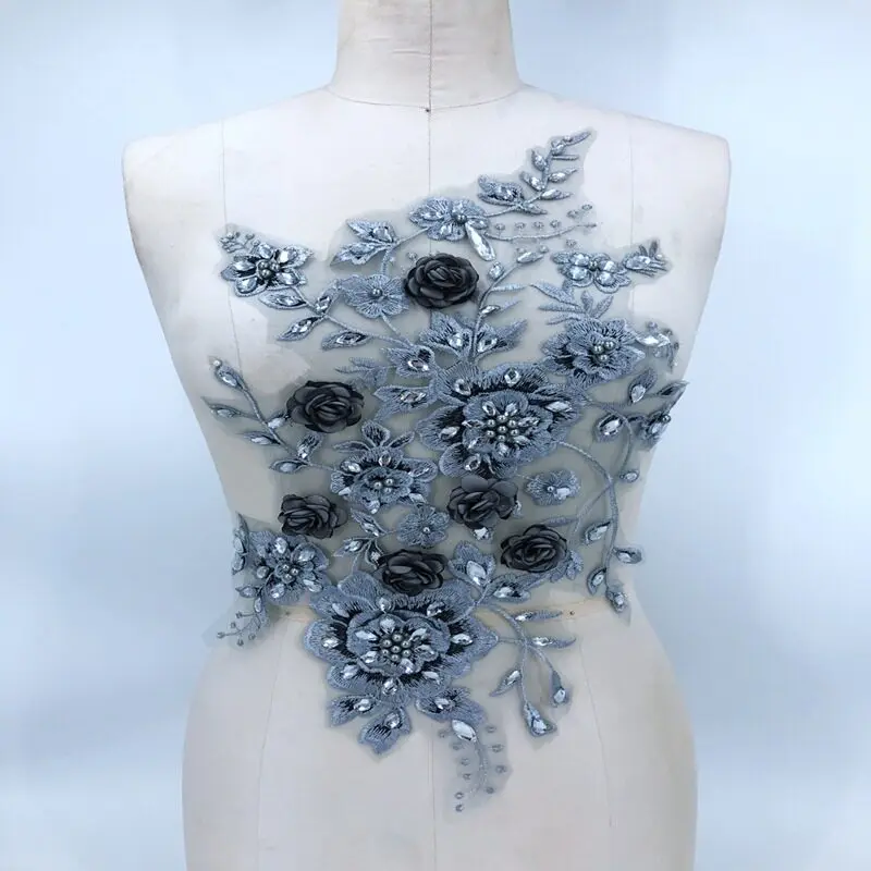 

DIY Embroidered 3D Floral Evening Dress Grey Appliqued Accessories Hand-Sewn Rhinestone Patches Sparkly Embellishments Fabric