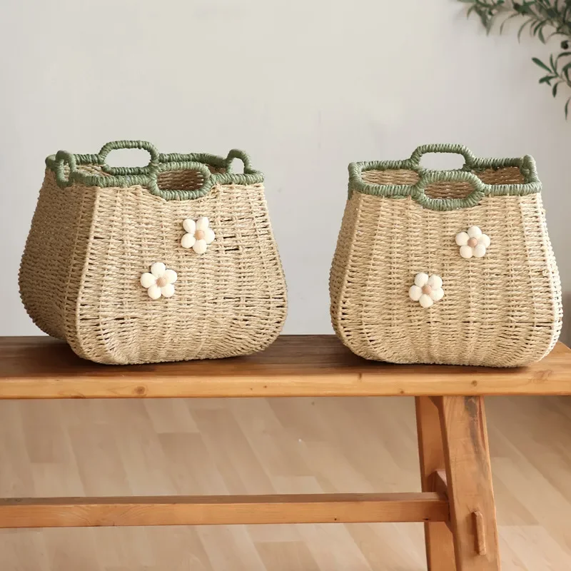 Nordic Style Hand Woven Storage Basket Rustic Home Organizer for Living Room Toys Snacks and Dirty Clothes Natural Fiber Bin