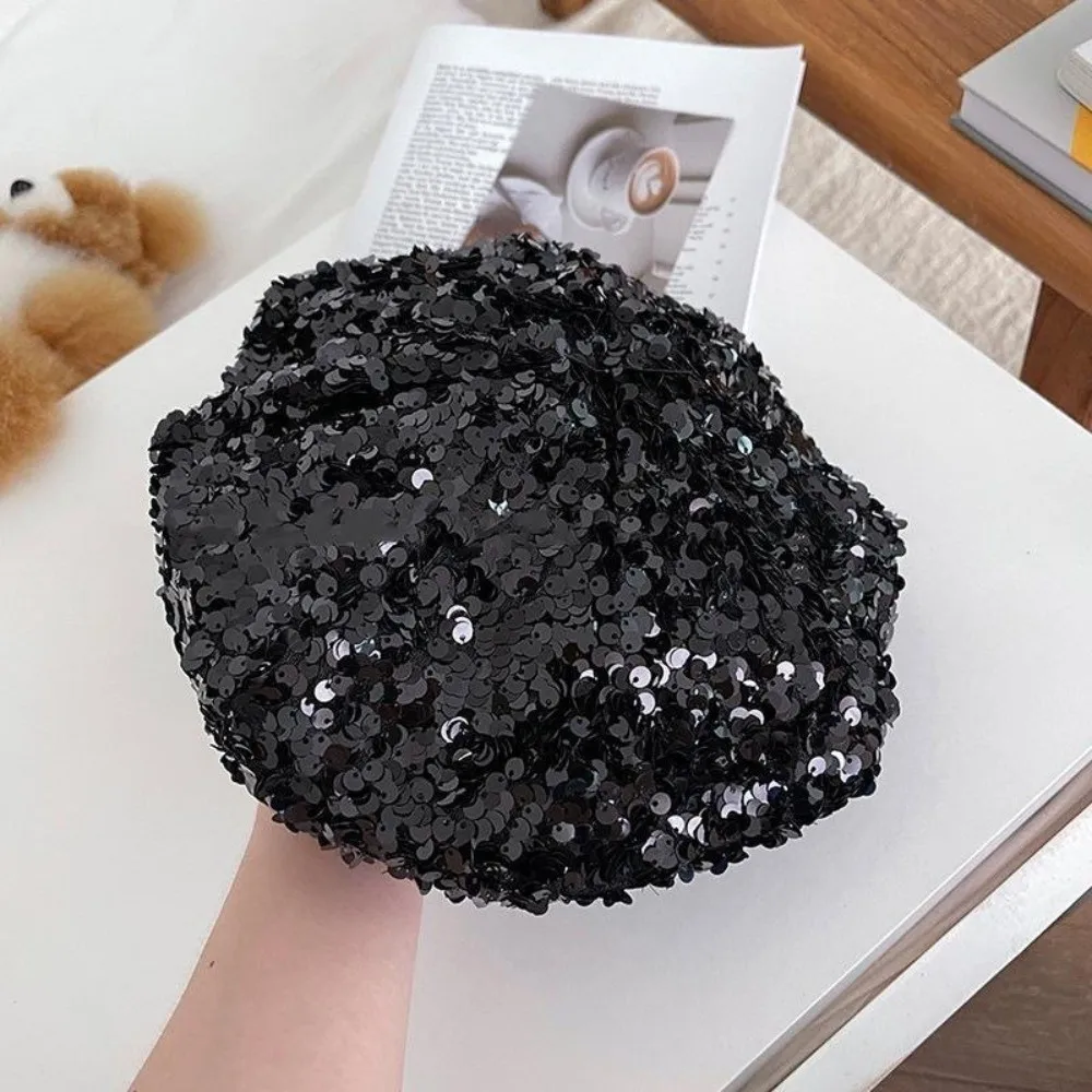 Everyday Retro Glitter Sequin Beret Sparkling Casual Style Fashion Painter Hat Chic Design Trendy Lady Octagonal Cap Daily