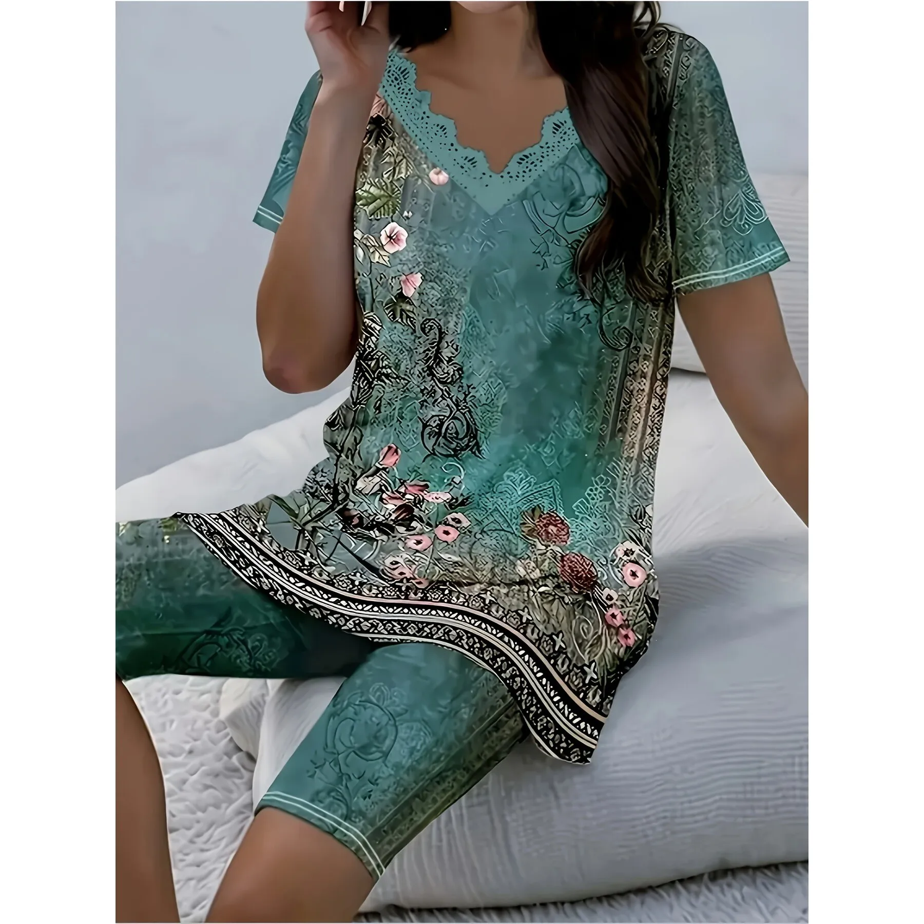 

Floral 3D Print V Neck Women's Fashion Set Summer Collection Floral Print Ensemble Cross-Border No Brand Registered Trademark