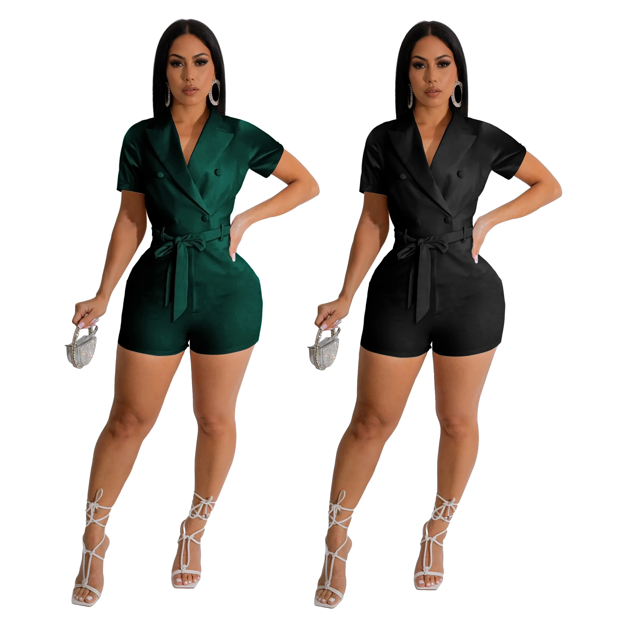 Solid Short Sleeved Lace Up Button Decoration Turndown Collar Office Lady Romper Of One Fashion Casual Pieces For Women Elegant