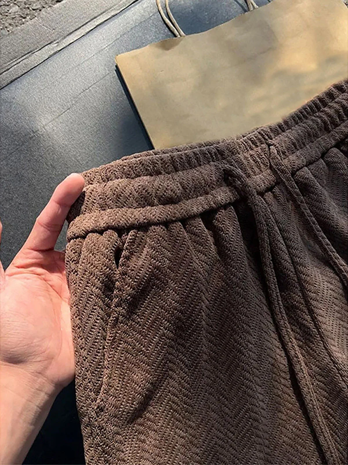 Brown Tweed Men's Shorts Five-Quarter Length Sporty Side-Cut Loose Fit Elastic Waistband Heavyweight Casual Straight Leg Pants