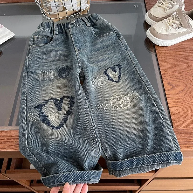 New Spring Fall Kids Baby Clothes Heart Embroidery Girls Wide Leg Pants Baby Girl Loose Casual Straight Jeans