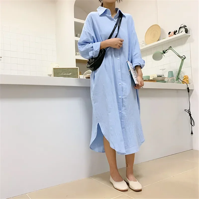 Lange Witte Overhemd Jurk Voor Vrouwen Linnen Katoen 2024 Lente Zomer Casual Koreaanse Kleding Vintage Oversized Midi Robe