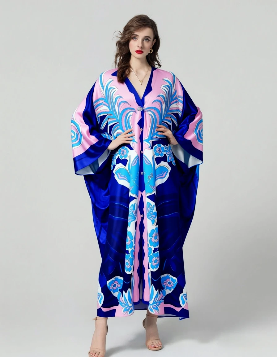 Abito lungo caftano floreale blu rosa da donna - Vestaglie da spiaggia estive con scollo a V e maniche lunghe, vestibilità ampia e fluida