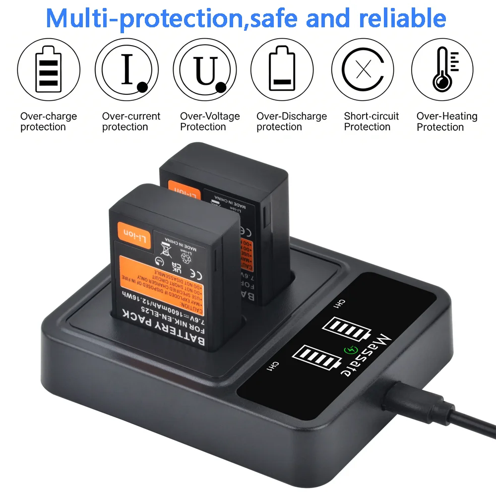 Massate EN-EL25 EN EL25 ENEL25 Rechargeable Li-ion baterry +USB Dual Charger for Nikon Z50 Z30 Z50 II ZFC Z 30 Z FC Cameras