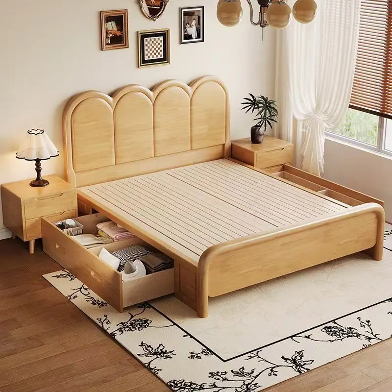 Solid wood bed rubber wood 1.8 meters master bedroom double bed small apartment 1.5 meters storage bed