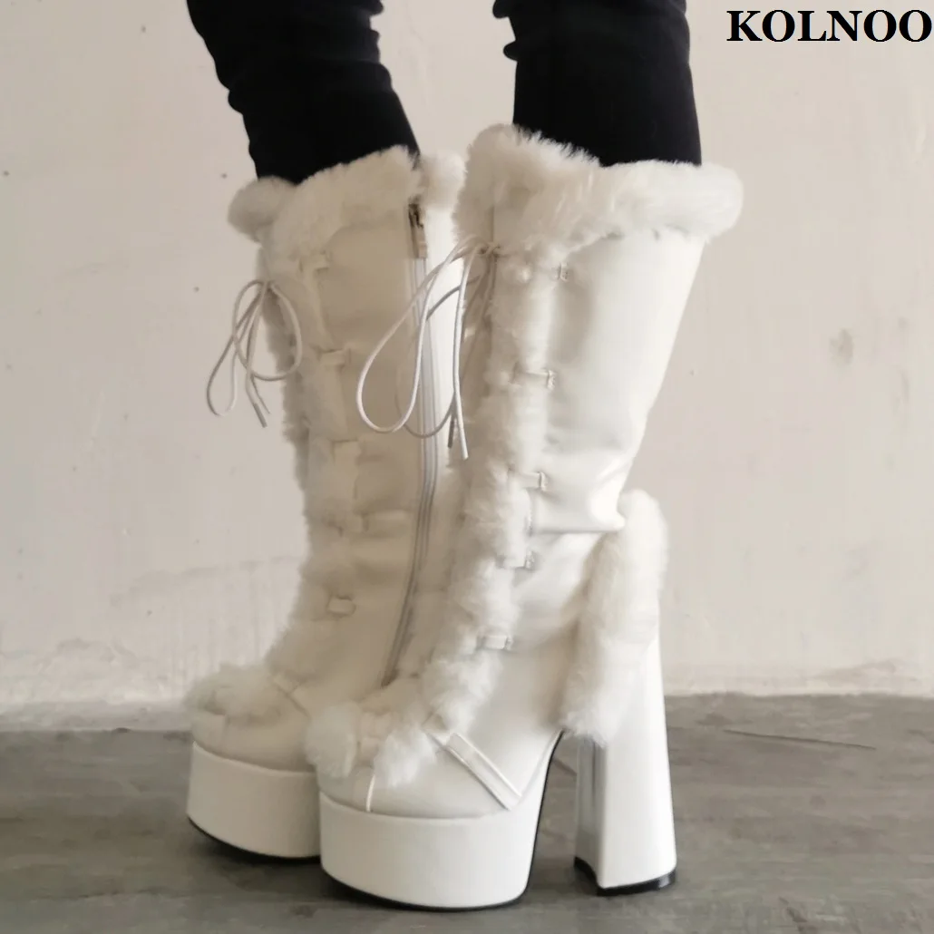 

Kolnoo New Classic Handmade Women's Chunky Heel Midcalf Boots Faux-fur Shoelace Real Photo Short Booties Evening Fashion Shoes