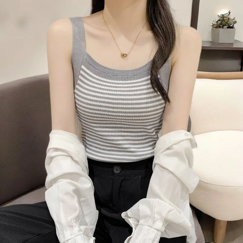 Spring Women Fashion Straps Sweater Sleeveless French Ladies Ice Silk Waistcoat Summer Female Casual Striped Short knitting Vest