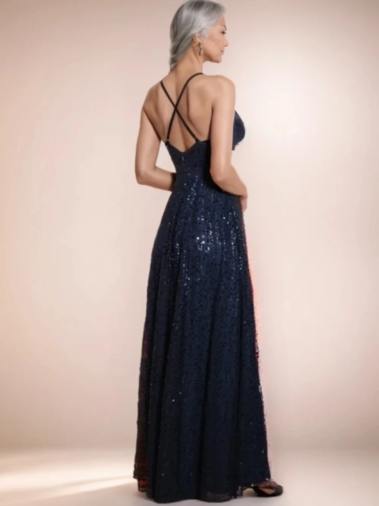 Sexy V-neck Spaghetti Straps Backless Sequined Long Formal Evening Dress