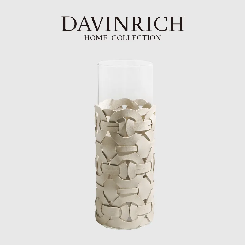 DAVINRICH H Style Chain Geometric Art Glass Vase High Grade Luxury Hand Woven Leather Decorative Flower Arrangement Vase 30x11cm