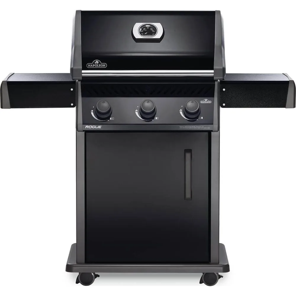 

425 BBQ Grill, Black, Propane Gas - R425PK-1 With Three Burners, Barbecue Gas Cart, Folding Side shelves