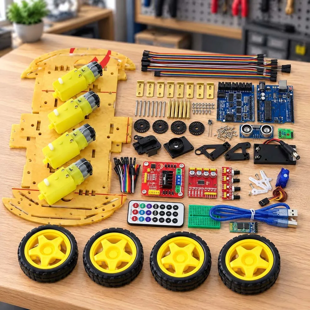 For 4WD Robot Car Kit for STEM Learning with Line Following Infrared Sensing Encoder Measurement and Compatibility with R3 Board