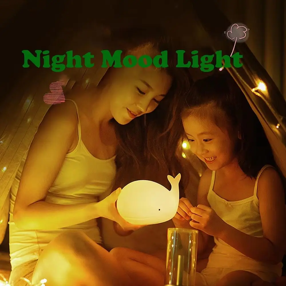 Rechargeable Cartoon Whale Night Light Eye Protection Soft Light Sleep Atmosphere Light 7 Color Change Tap Control