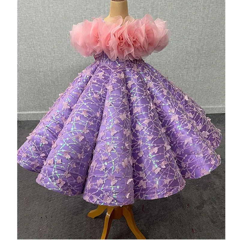 

3-12-year baby's first birthday party fluffy mesh Tutu dresses Butterfly Flower Girl Sequin luxury wedding party dinner dress