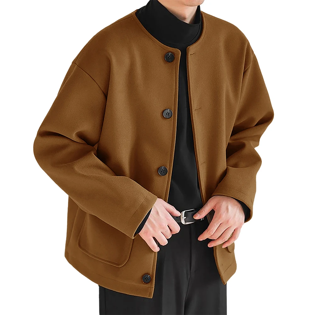 Men Casual Slim Collarless Buttons Coat Round Neck Jacket Outwear Cardigan