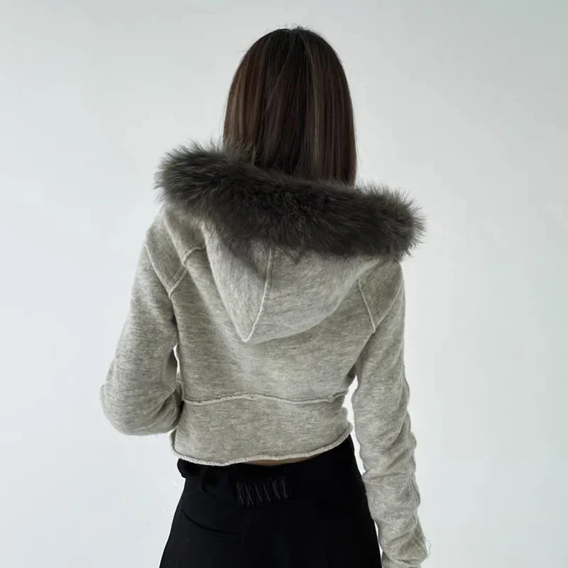 Design sense split asymmetrical fur hooded zipper hoodie lady